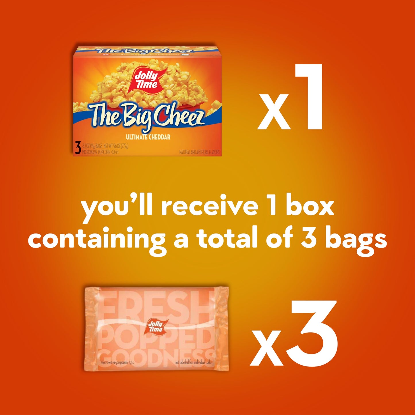 Jolly Time The Big Cheez, Cheddar Cheese Microwave Popcorn, 3.2oz Sharing Bag, 3 Bags Per Carton (The Big Cheez, 3.2 Ounce (Carton of 3))
