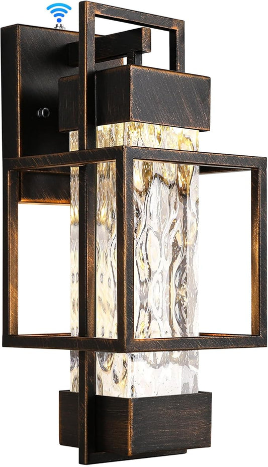 PARTPHONER Modern Outdoor Light Fixture Dusk to Dawn Outdoor Lighting, 15" H Exterior Wall Sconce Waterproof Porch Light, Outside Light for House with Water Glass for Garage Doorway Black Brushed Gold