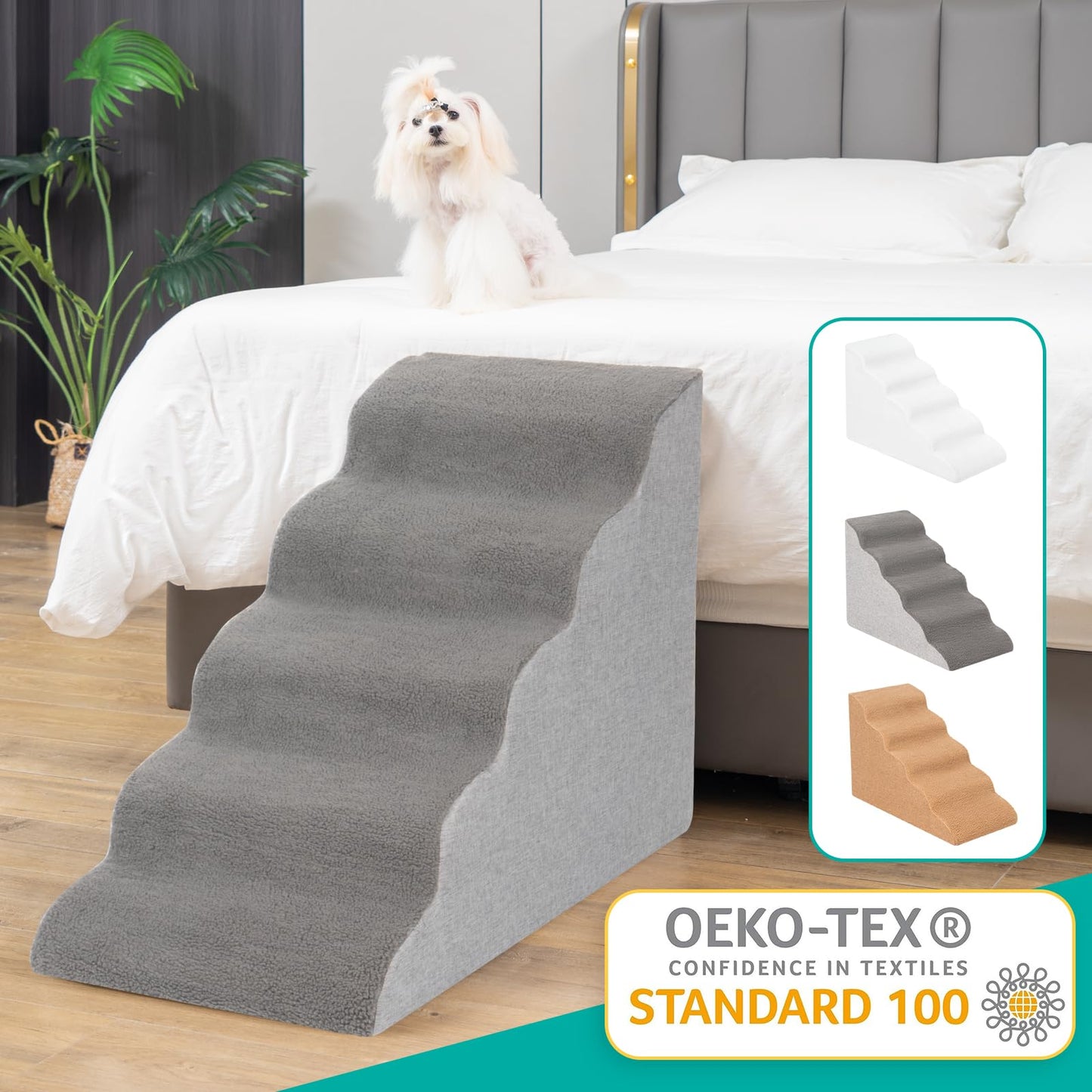 Uross Dog Stairs for Small Dogs- Dog Steps Stairs Ramps for High Bed Couch, High Density Foam Pet Steps Stairs for Dogs to Get on Bed, 5 Tiers Cat Doggy Steps Ramps for Joint Pain Dog(Gray)