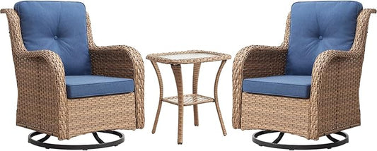 Rilyson Patio Chairs Rocking Swivel Chiar - 3 Piece Outdoor Wicker Patio Bistro Set Rattan Rocker Glider Chairs with High Back and Deep Seating for Outside Porch Deck Garden(Yellow/Blue)