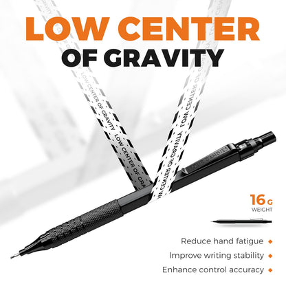 Four Candies Metal Mechanical Pencil Set, 3PCS Art Drafting Pencils 0.5, 0.7, 0.9MM & 2PCS 2MM Mechanical Drawing Pencils with 420PCS Leads (4B 2B HB 2H Color) for Writing Sketching Drawing (Black)