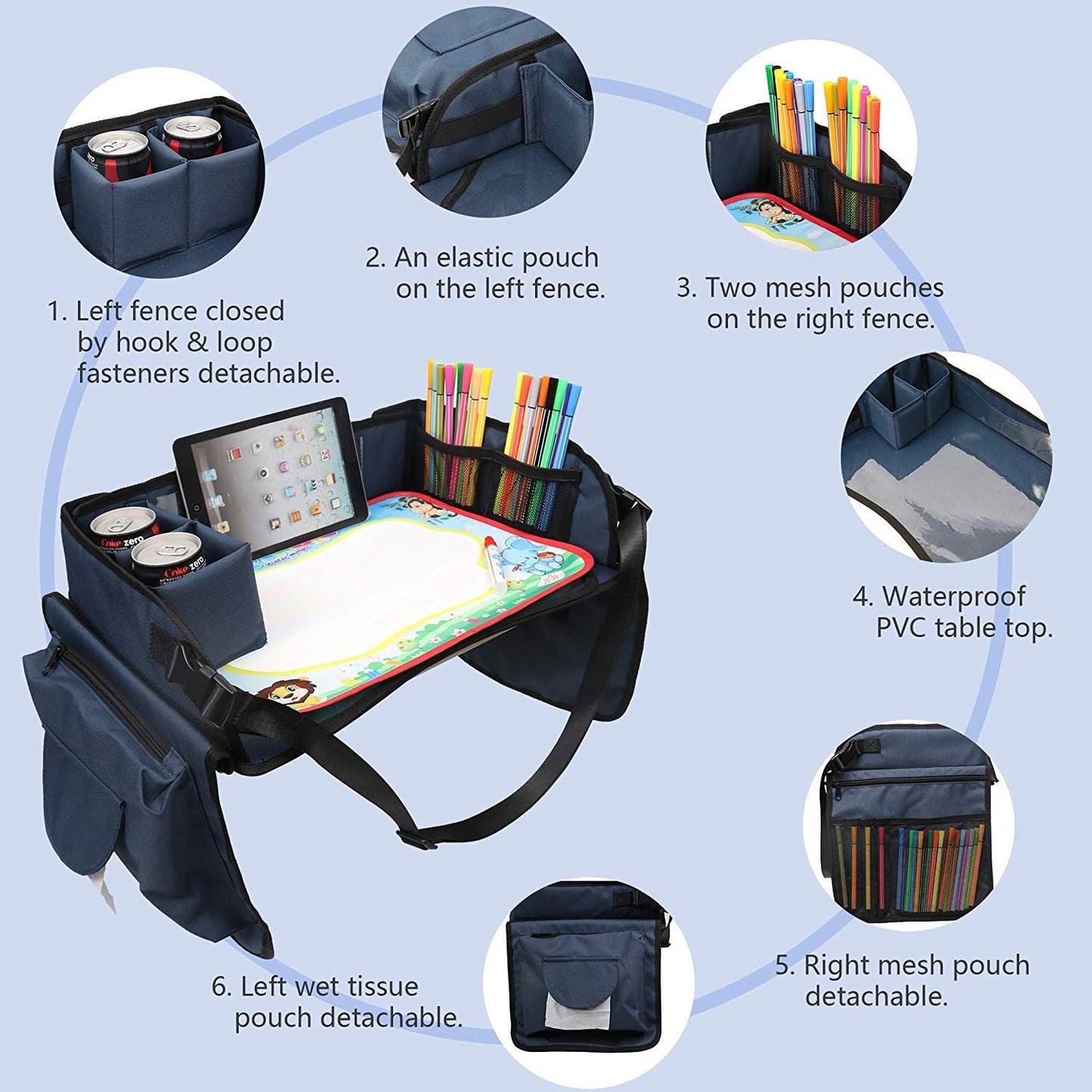 Becko US Children’s Travel Toy Tray Kids’ Car Seat Snack, Game Tray Activity Table for Stroller, Car, Airplane, Road Trip with Doodle Mat, Foldaway & Portable