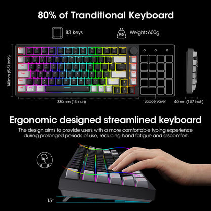KOORUI Gaming Keyboards, 26 RGB Backlit Mechanical Keyboard Wireless/Wired Compatible Bluetooth 82 Keys Rechargeable 4000mAh Battery UK Layout with Red Switch Gamer Keyboards for Windows MacOS Linux
