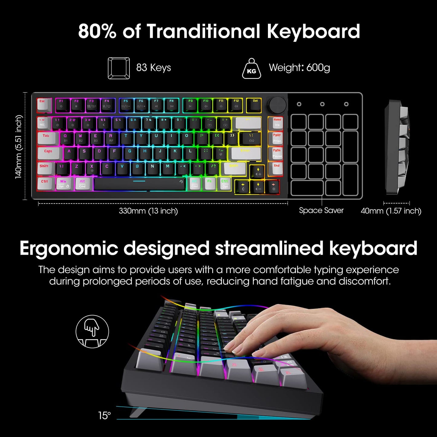 KOORUI Gaming Keyboards, 26 RGB Backlit Mechanical Keyboard Wireless/Wired Compatible Bluetooth 82 Keys Rechargeable 4000mAh Battery UK Layout Gamer Keyboards for Windows MacOS Linux (Blue Switch)