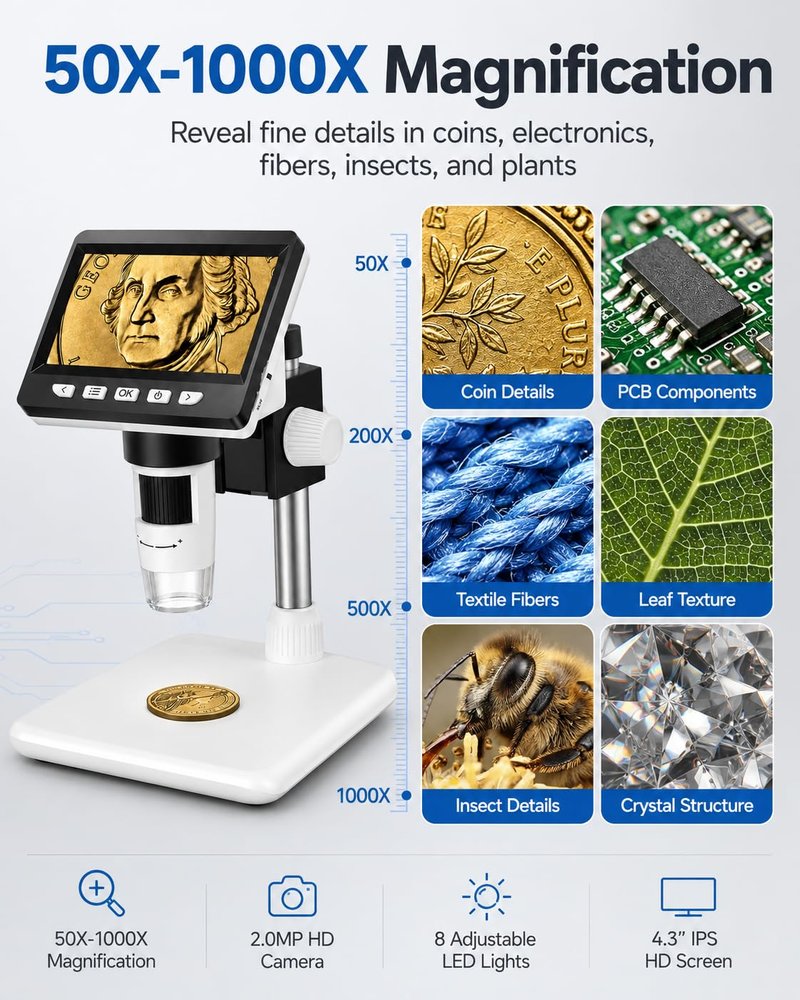 Digital Coin Microscope 1000X, 4.3" LCD Coin Magnifier with Screen for Error Coins, 1080P USB Microscope with 8 Adjustable LED Lights, Photo & Video, Built-in Storage, Compatible with Windows/MacOS