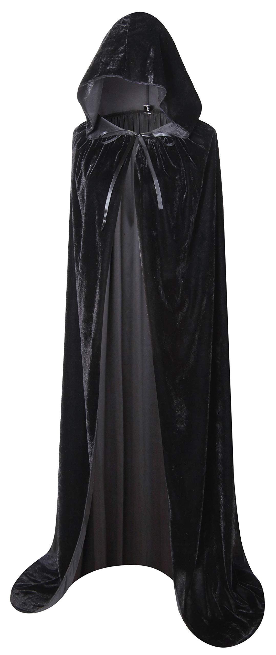 BIGXIAN Long Hooded Cloak Velvet Cape Witch Costume Halloween Costumes for Women Men (Black, Medium)