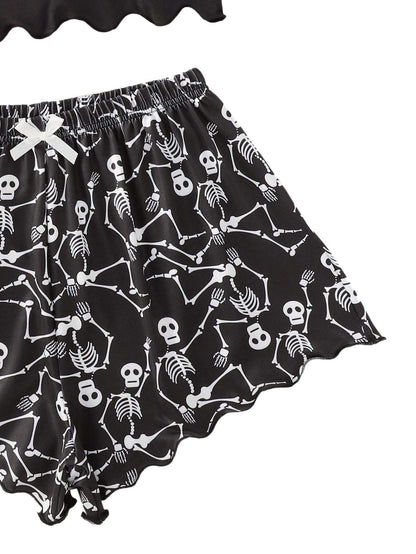 SweatyRocks Women's Summer Cute Printed Cami Top and Shorts Pajamas Set Sleepwear Skull Black M