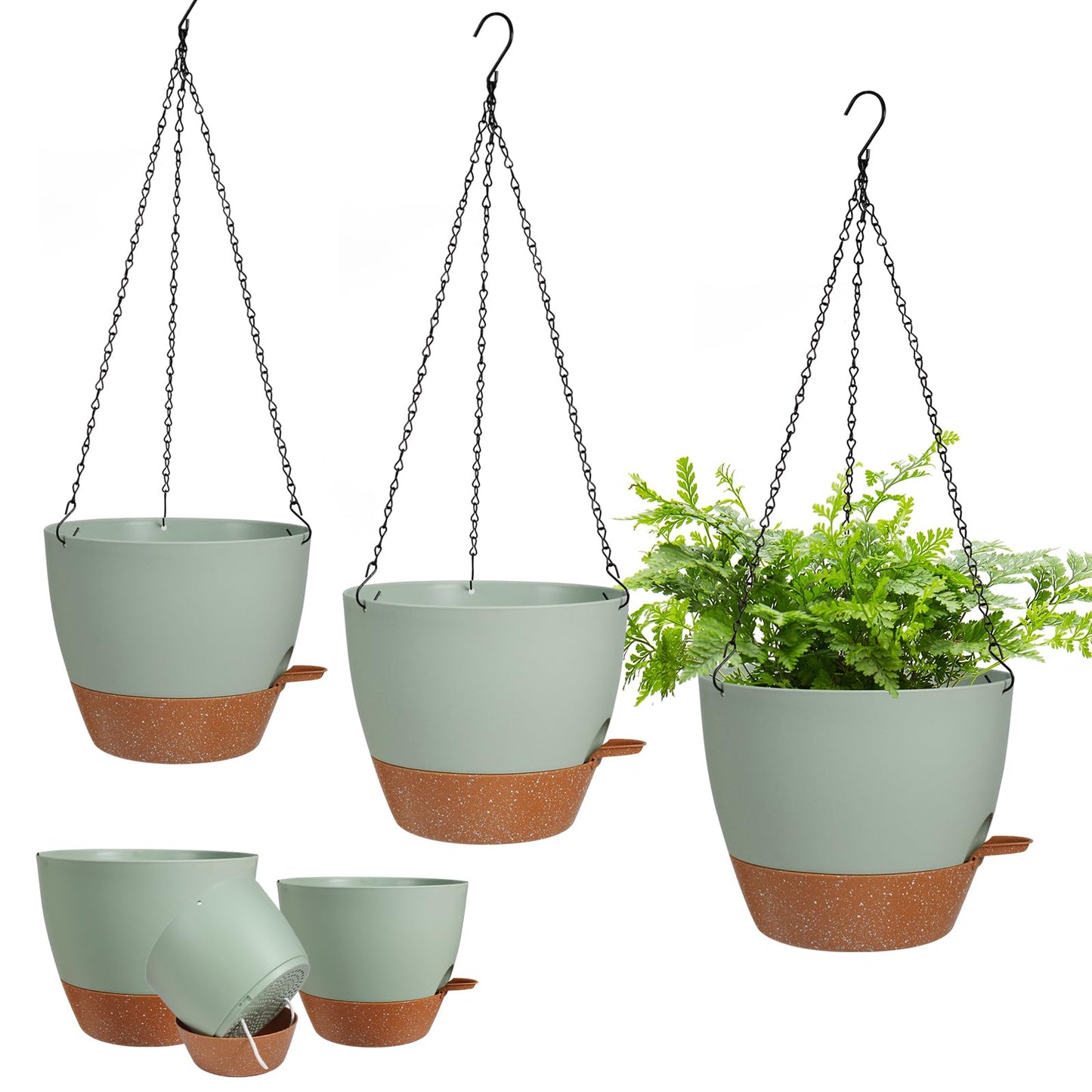 Lucieblessdesign 3 Pack Hanging Planter Indoor Outdoor Flower Pots 7/6.5/5 Inch, Self-Watering Hanging Pot with Drainage Holes Hanging Baskets Holder Plant Pots for Garden (Green)