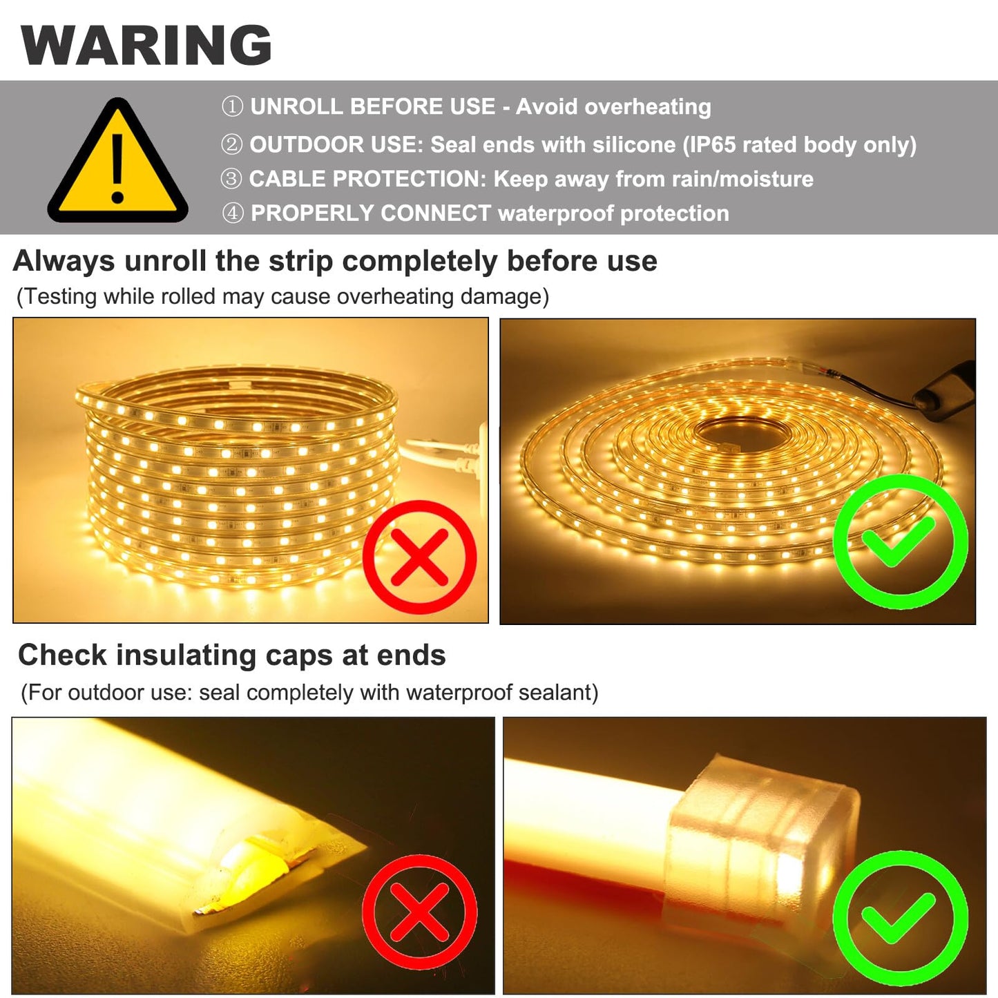 GQL 2m 5050 LED Strip Warm White with Switch (80cm Cable), Mains Powered SMD 60LEDs/m Commercial Rope Light, IP65 Waterproof for Indoor/Outside Decoration UK Plug Supply