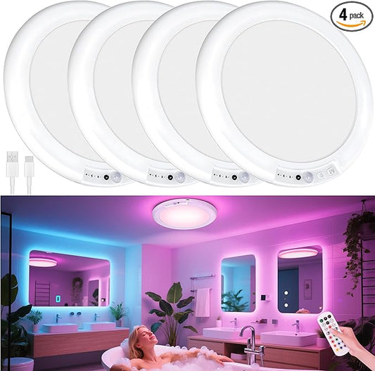 maylit Shower Lights 4 Pack, RGBW Rechargeable Ceiling Light, Waterproof Battery Operated Lamp, Wireless Stick on Inside Motion Sensor Mood LED Lighting for Bathroom No Wiring, Indoor