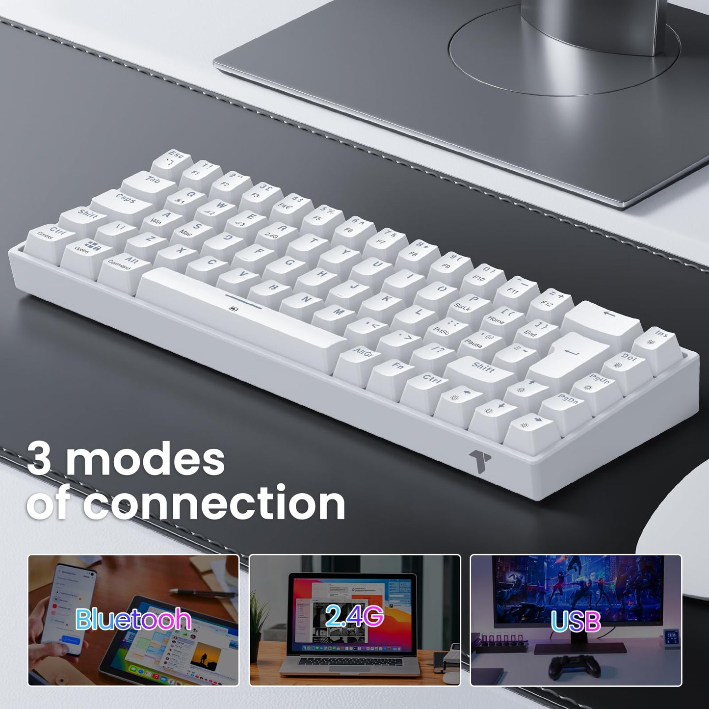 TECURS Wireless Mechanical Gaming Keyboard RGB UK Layout TKL 65% Rollover Anti-ghosting Bluetooth / 2.4G Keyboard Red Switch for PC Gamer/iPad/ PS4/Android, White
