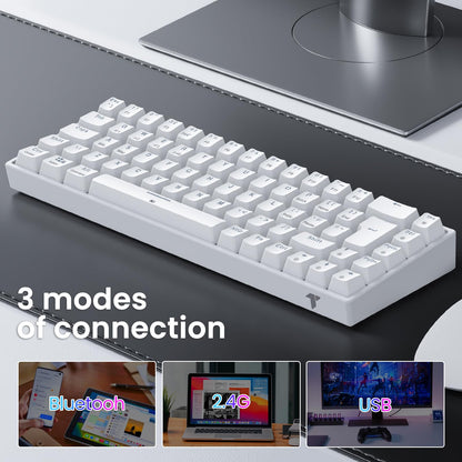 TECURS Wireless Mechanical Gaming Keyboard RGB UK Layout TKL 65% Rollover Anti-ghosting Bluetooth / 2.4G Keyboard Red Switch for PC Gamer/iPad/ PS4/Android, White