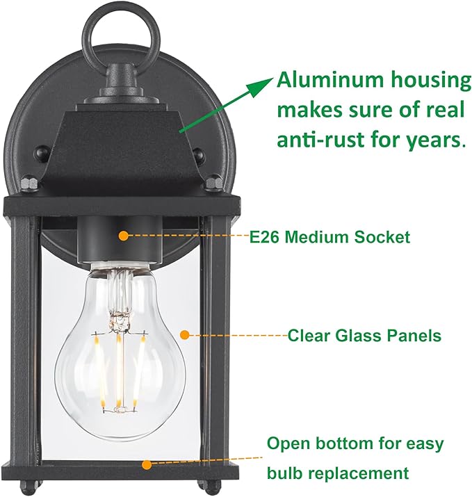 LIT-PaTH Outdoor Wall Lantern, Wall Sconce as Porch Lighting Fixture, E26 Base, Aluminum Housing Plus Glass, Water-Proof and Outdoor Rated, ETL Qualified, 1-Pack, Black
