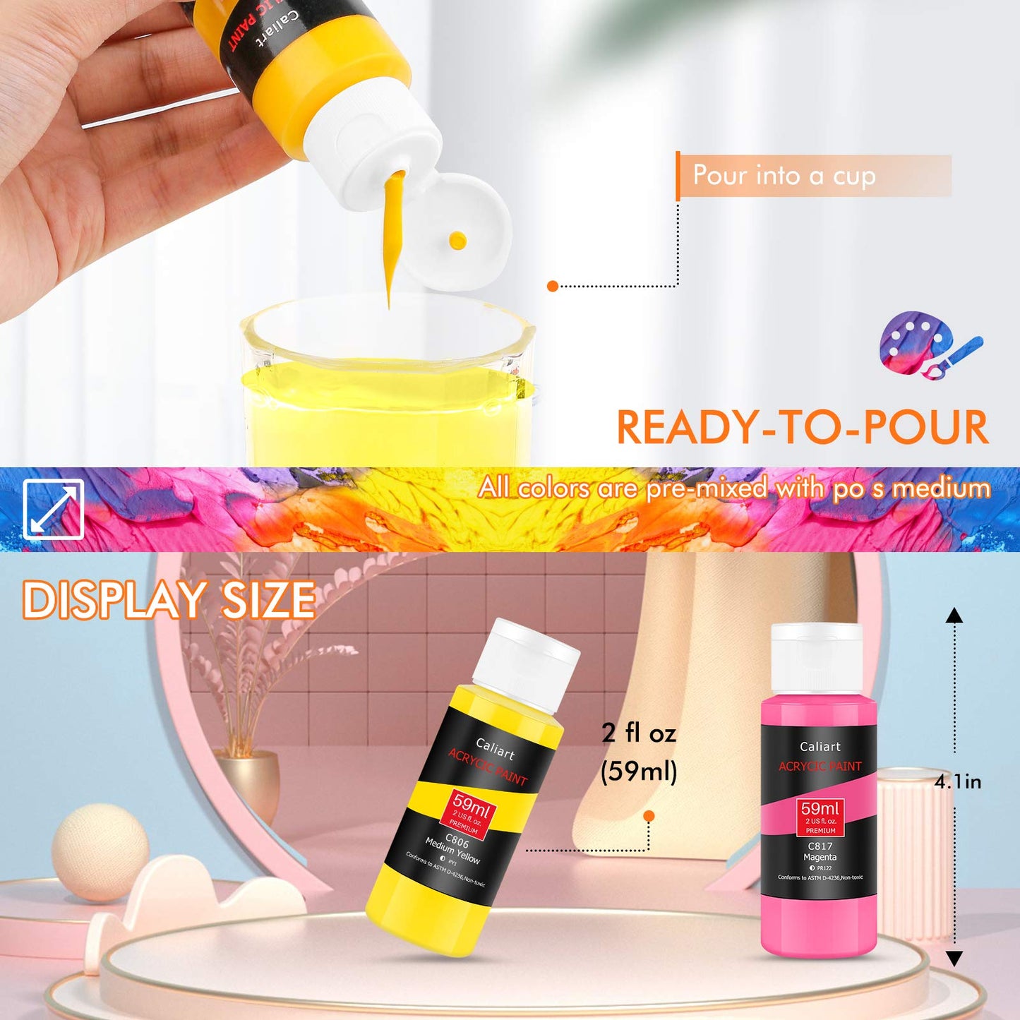 Caliart 24 Colors Acrylic Paint Set with 12 Brushes, Art Craft Paints Gifts Trendy Stuff for Adults Artists, Halloween Pumpkin Canvas Ceramic Rock Eggs Painting Kit Art Supplies