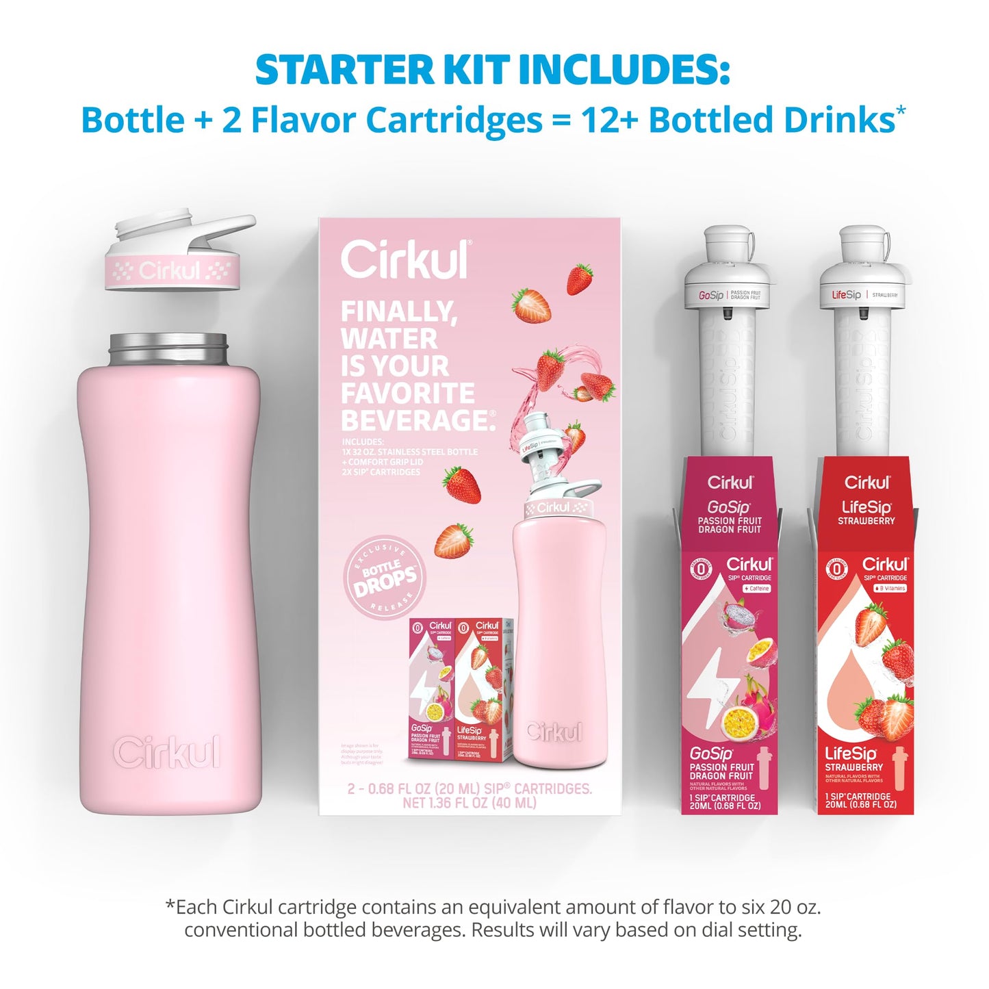 Cirkul 32oz. Blush Pink Stainless Steel Water Bottle Starter Kit with Pink Lid and 2 Flavor Cartridges (1 LifeSip Strawberry, 1 GoSip Passion Fruit Dragon Fruit) No Sugar, Zero Calorie Drink Mix