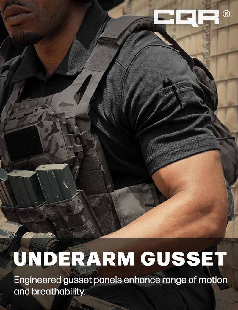 CQR Men's Quick Dry Tactical Polo Shirt, Lightweight Breathable Performance Polo, Short Sleeve UPF 50+ Outdoor Golf Shirt, Frost Essential Black, Large