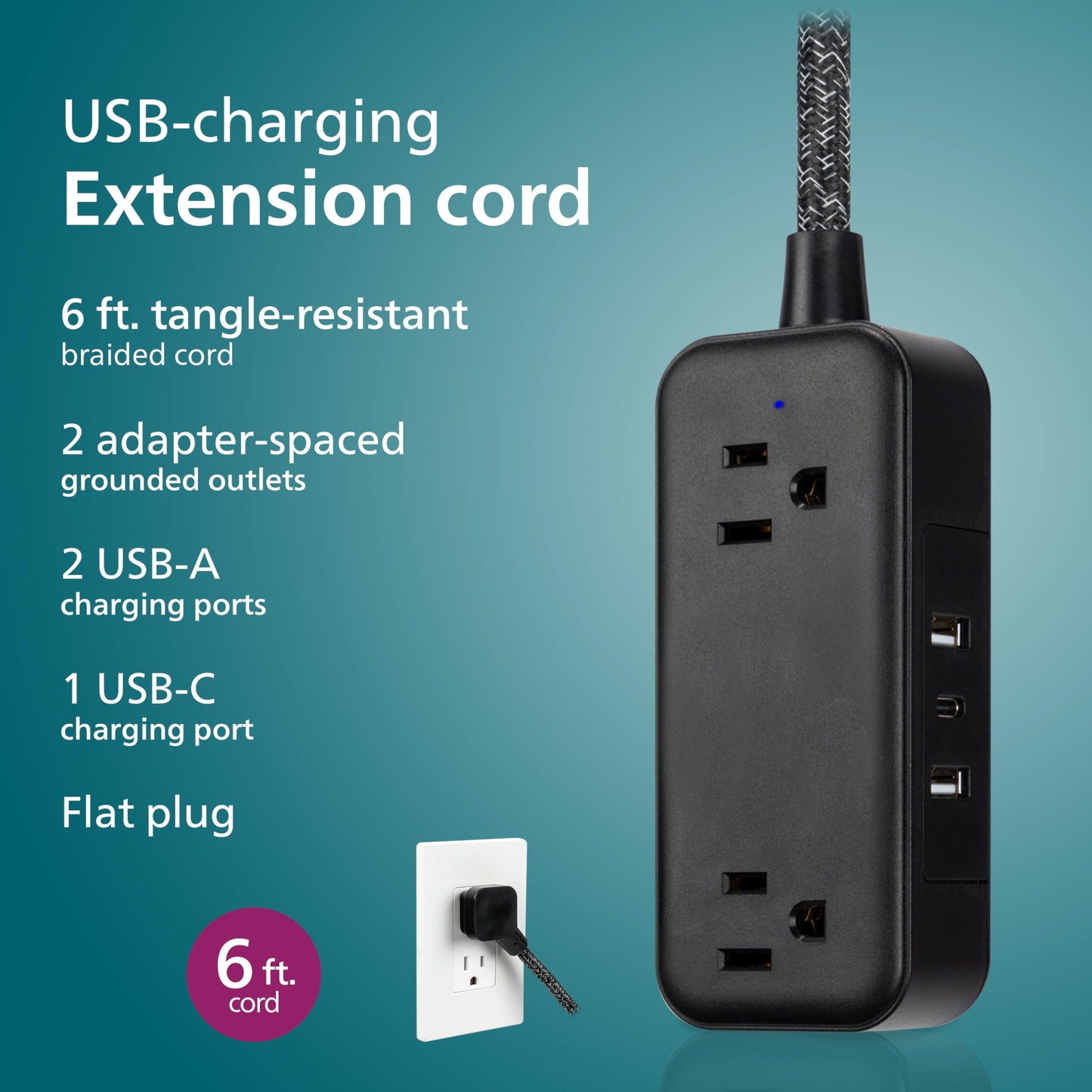 Philips 6 Outlet Power Strip Surge Protector, 6 Ft Power Cord, Designer Braided Extension Cord, Flat Plug, Perfect for Office or Home Décor, 1080 Joules, White, SPC3054WA/37