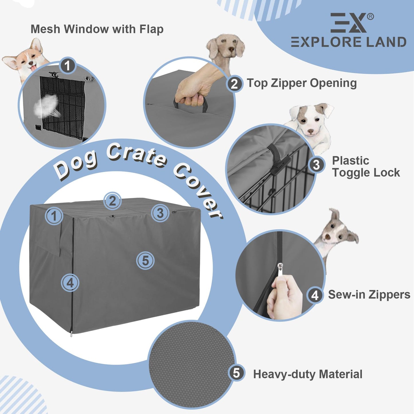 Explore Land Dog Crate Cover Durable - Polyester Pet Kennel Cover Universal Fit for 24-48 inches Wire Dog Crate (36 Inch (Pack of 1), Grey Cover)