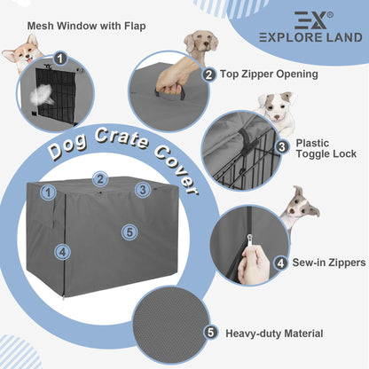 Explore Land Dog Crate Cover Durable - Polyester Pet Kennel Cover Universal Fit for 24-48 inches Wire Dog Crate (36 Inch (Pack of 1), Grey Cover)