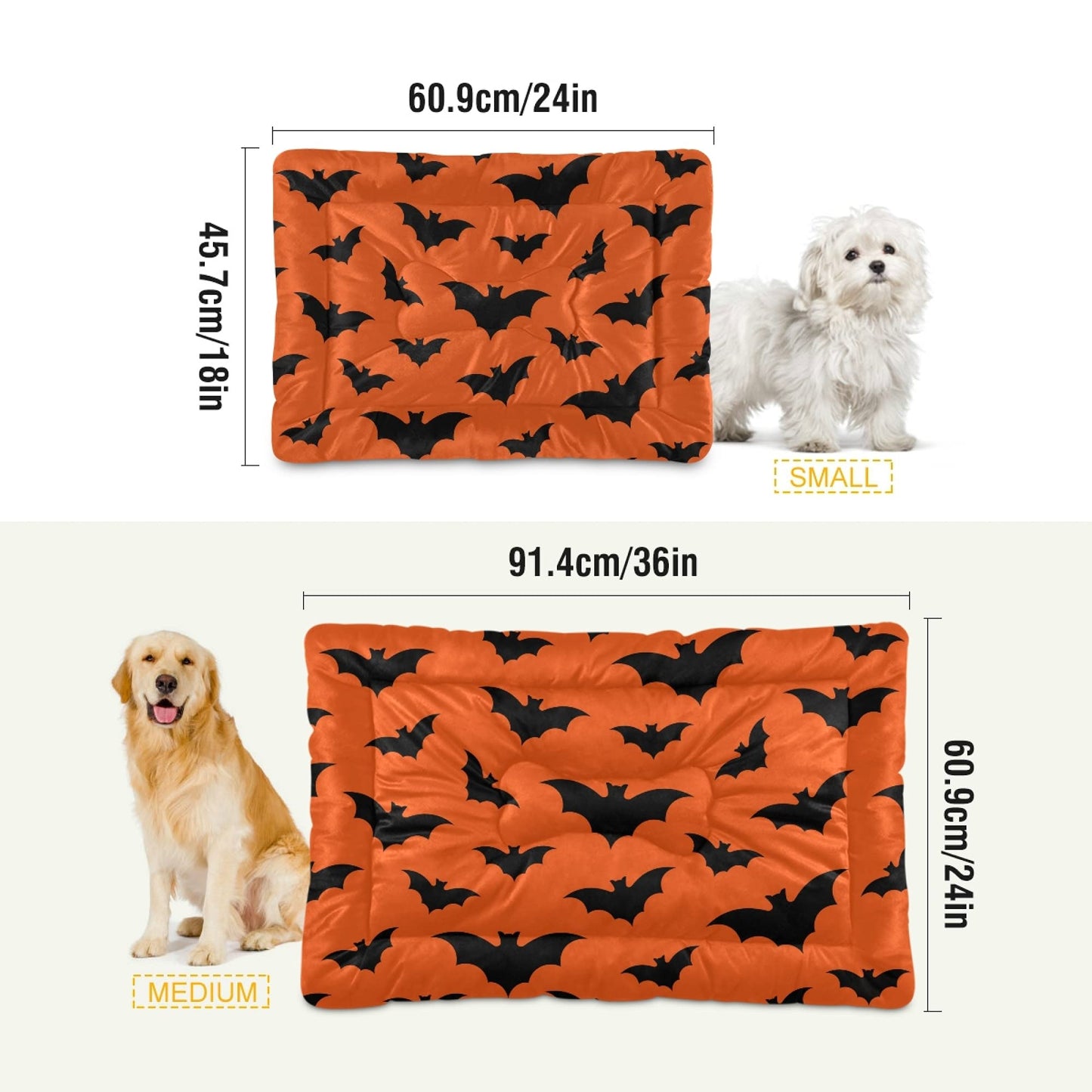 Mazeann Happy Halloween Dog Bed Mat for Large Dog Puppy Cat Kitten, Halloween Bats Pattern Ultra Soft Pet Bed Mattress for Crate with Anti-Slip Washable, Orange, 24 x 36 Inches
