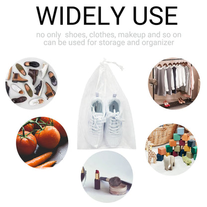 Belinlen 100 Pack 12x18 inch Plastic Drawstring Bags Transparent Shoe Bags for Travel Large Clear Shoes Storage Organizers Pouch with Cotton Draw Strings Shoe Dust Bags