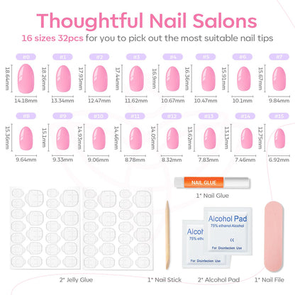 modelones Pink Short Press on Nails, Fall Halloween Oval Fake Nails Kit Press Ons with Nail Glue, Adhesive Tabs, Nail File, Prep Pad, Manicure Stick, 32Pcs 16 Sizes