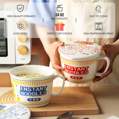 ECTbicyk 34 OZ Ceramic Ramen Bowl with Lid Instant Ramen Noodle Bowl Large Soup Bowl with Handle, Ramen bowl with Fork, Red