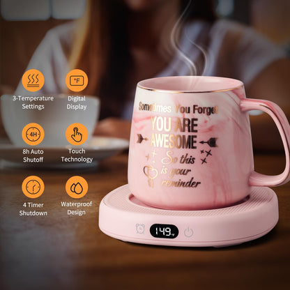 Coffee Mug Warmer & You are Awesome Mug Set, Electric Cup Warmer for Desk Office Home, Beverage Warmer with 3 Temperature Setting, 8-Hours Auto Shut Off, Best Birthday Present Ideas for Women