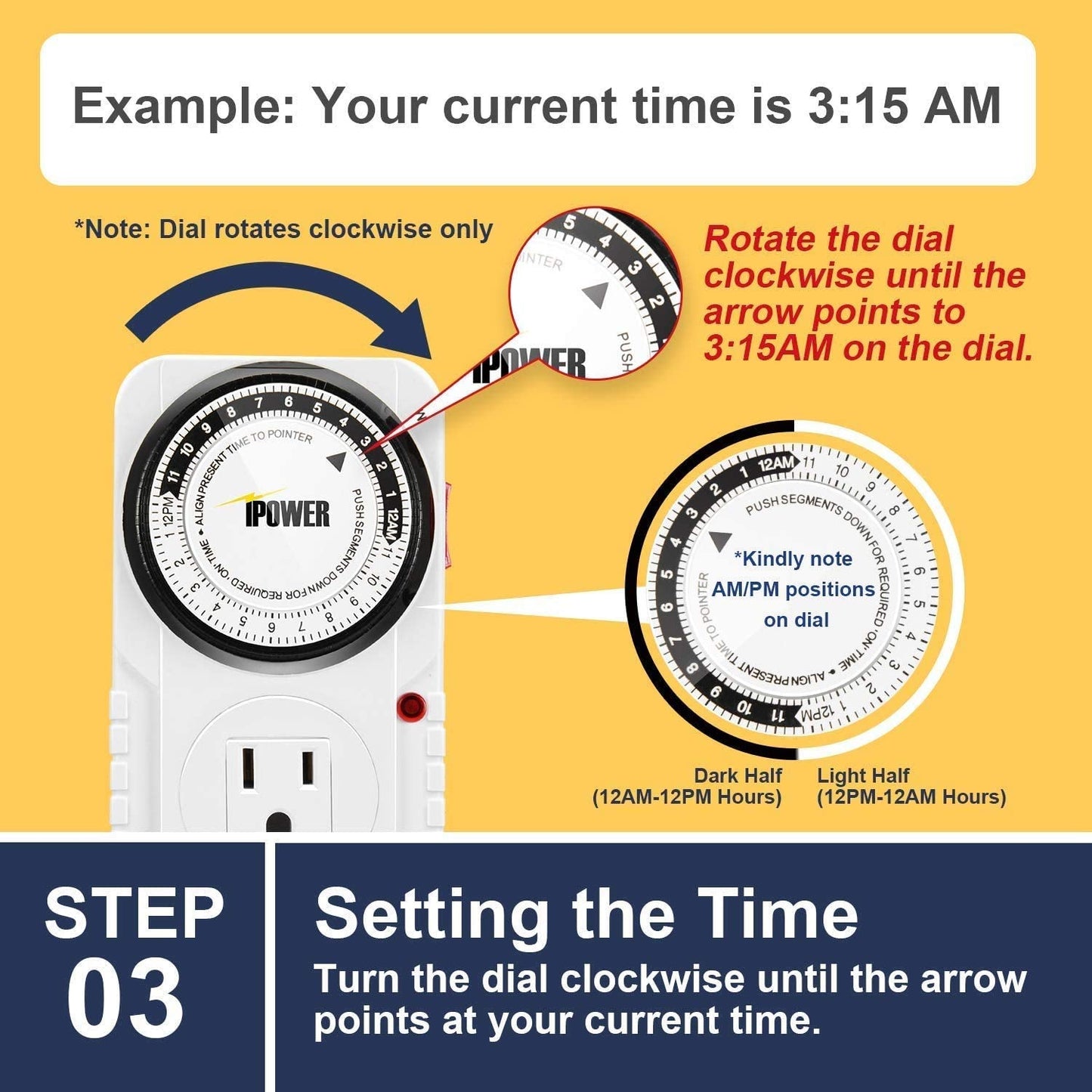 iPower 24 Hour Plug-in Mechanical Electric Outlet Timers Switch Programmable Indoor, Accurate Heavy Duty 3-Prong for Lamps Fans Christmas String Lights, AC 1725W 1/2 HP, UL Listed
