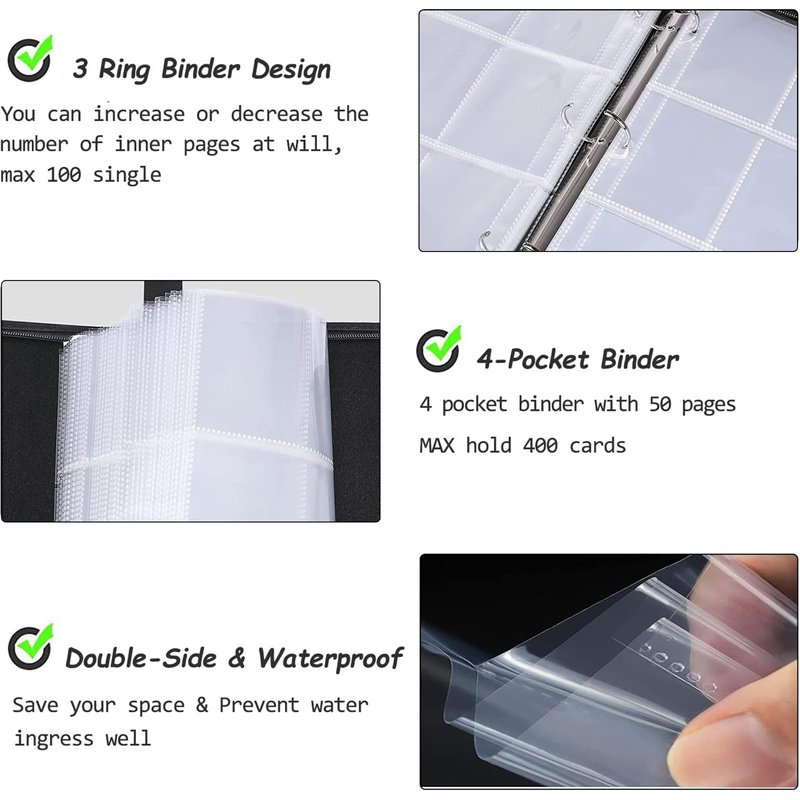 400 Cards Football Card Binder, 4-Pocket Card Collections Trading Card Binder 50 Pages Double-Sided Cards Holder with Zipper 3-Ring Card Album for Sports Football Card Sleeves Protectors