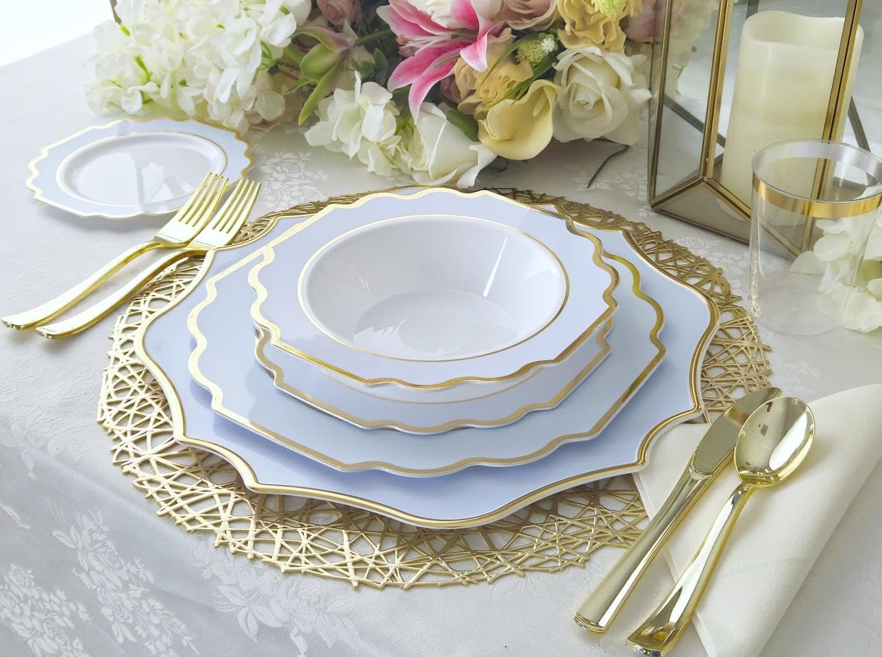 " OCCASIONS " 50 Plates Pack (25 Guests)-Heavyweight Wedding Party Disposable Plastic Plate Set -(25x10.5'' Dinner + 25x8'' Salad/dessert (Imperial in White/Blue & Gold)