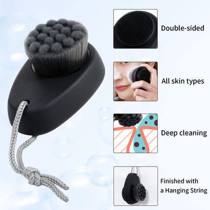 2 Pack Facial Cleansing Brush 2 in 1 for Face Exfoliation, Soft Bamboo Charcoal Microfiber Bristle Dual Face Silicone Scrubber Brush for Pore Deep Cleansing Skincare with Lid, Black+Gradient