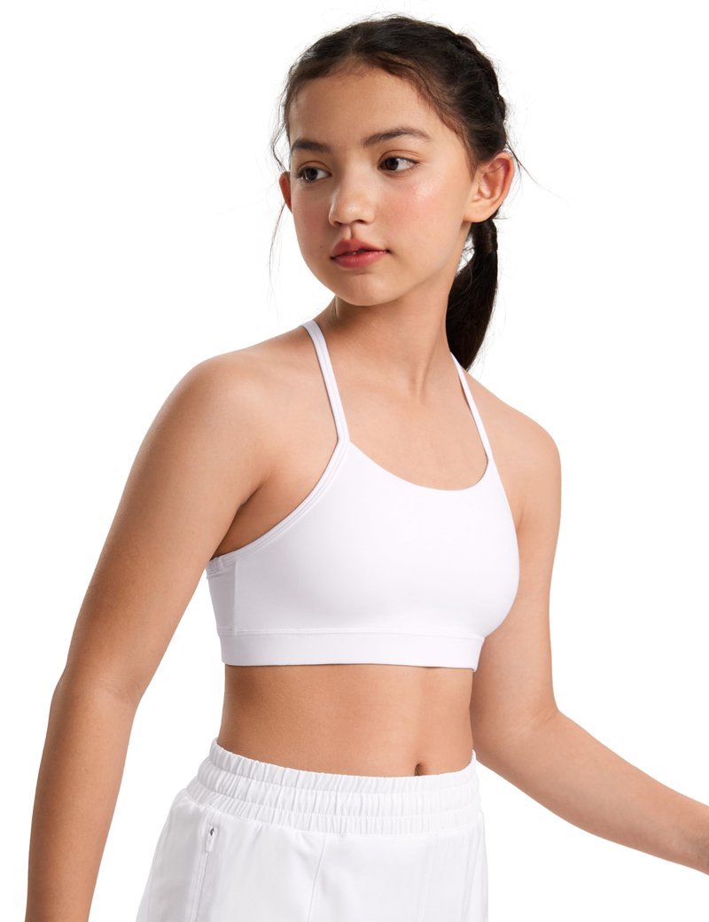 CRZ YOGA Girls Butterluxe Y Back Sports Bra - Yoga Athletic Casual Tops Scoop Neck Spaghetti Strap Padded Crop Kids Teen White Medium