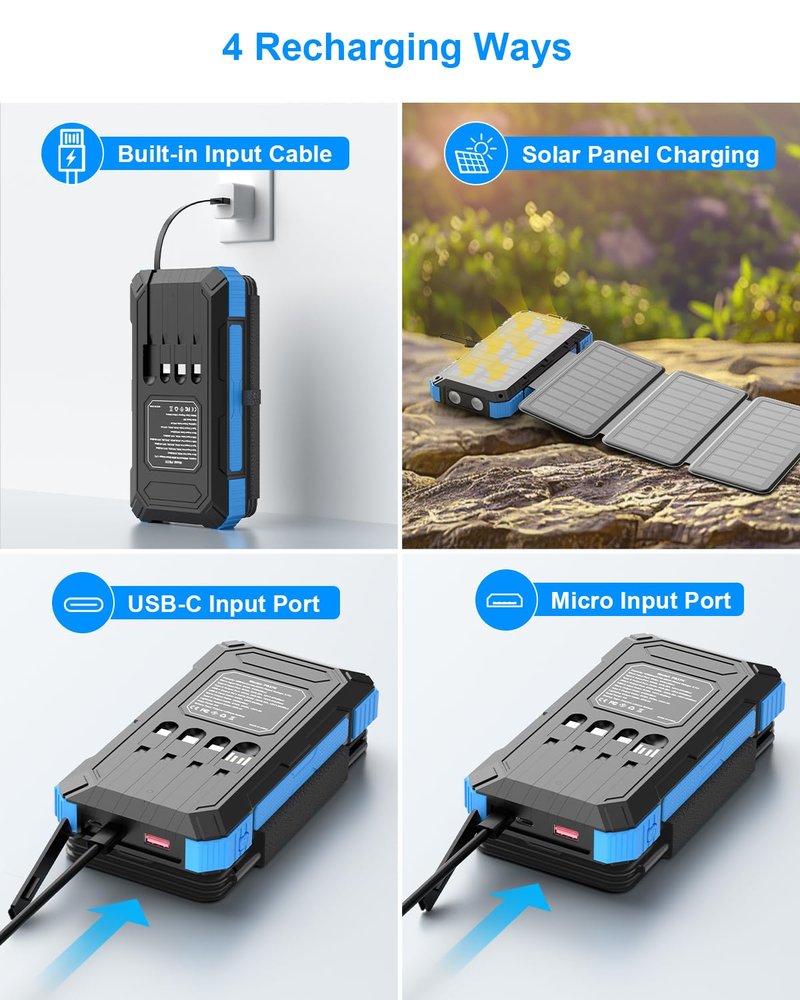 Kepswin Solar Charger Power Bank 49800mAh with 4 Built-in Cables & 3 Foldable Panels, PD22.5W Fast Portable Phone Charger, External Battery Pack with USB-C in/Output & Flashlight for Outdoor Camping