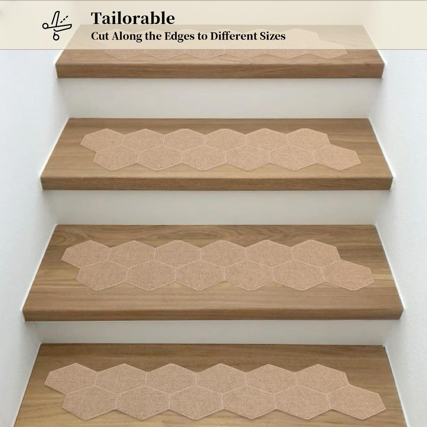MATAHUM Stair Treads Non Slip, 15 Pack 8" * 30" Beige Stair Treads for Wooden Steps Indoor, Clipped and Assembled Stair Rugs for Kids Elders Dogs