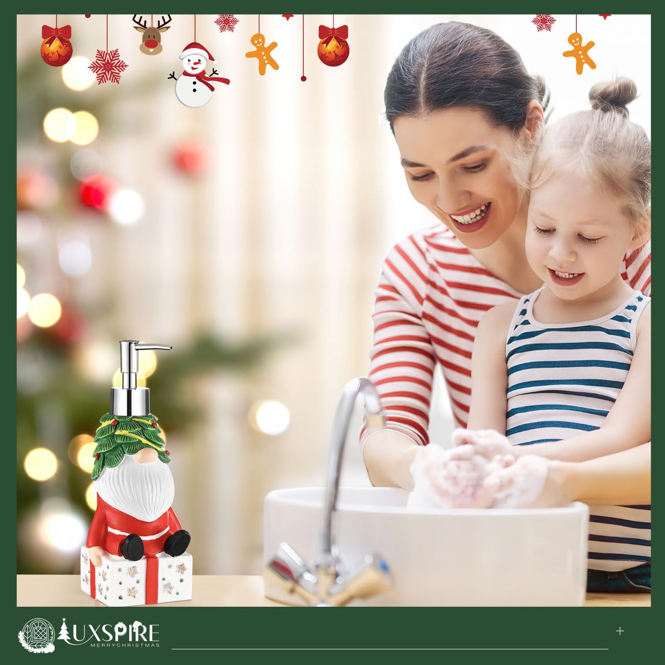 Luxspire Christmas Soap Dispenser, Resin Hand Soap Bottle and Lotion Dispenser Rustproof Refillable, Christmas Santa Decor No Leak for Kitchen Shower Bathroom Countertop, 350ml