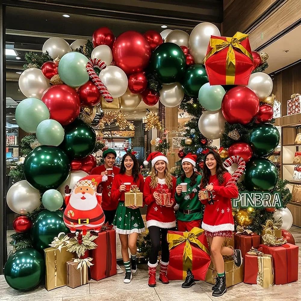 Christmas Balloon Arch Kit, Double Stuffed Dark Green Red Pearl White Gold Balloons Emerald Green Burgundy Balloon Garland for Christmas New Year Xmas Birthday Wedding Festival Party Decorations
