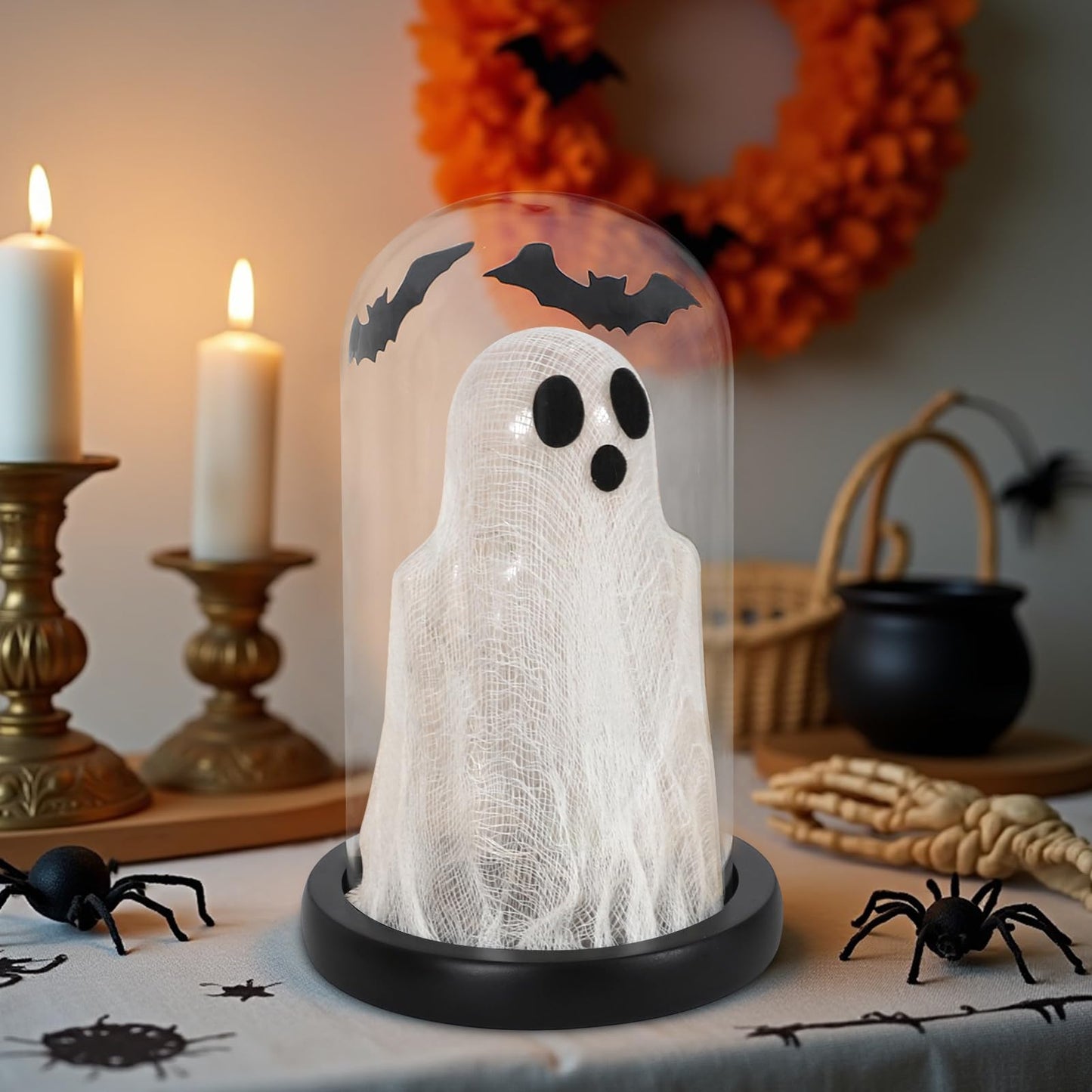 DAZONGE Halloween Decorations Indoor, Lighted Ghost in Glass Dome Cloche, Cute Spooky Halloween Ghost Decor for Tabletop Mantel Display