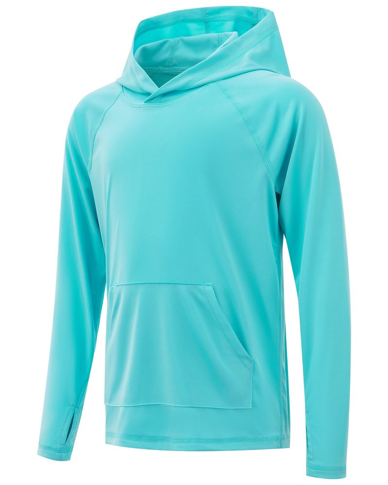 Poekuao Rash Guard for Boys Long Sleeve Hoodie Quick Dry Swim Shirt Youth UPF 50+ Sun Protection Fishing Shirts with Pocket Water Blue M