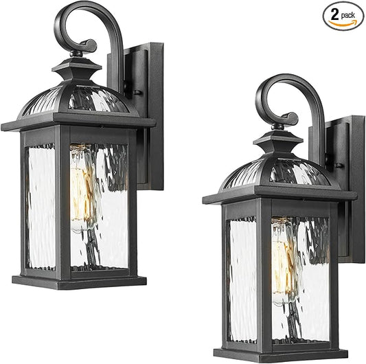 Outdoor Wall Lights Black Exterior Light Fixture Wall Mount with Water Ripple Glass 15 Inch Height Outdoor Wall Lamps 2-Pack Waterproof E26 Socket