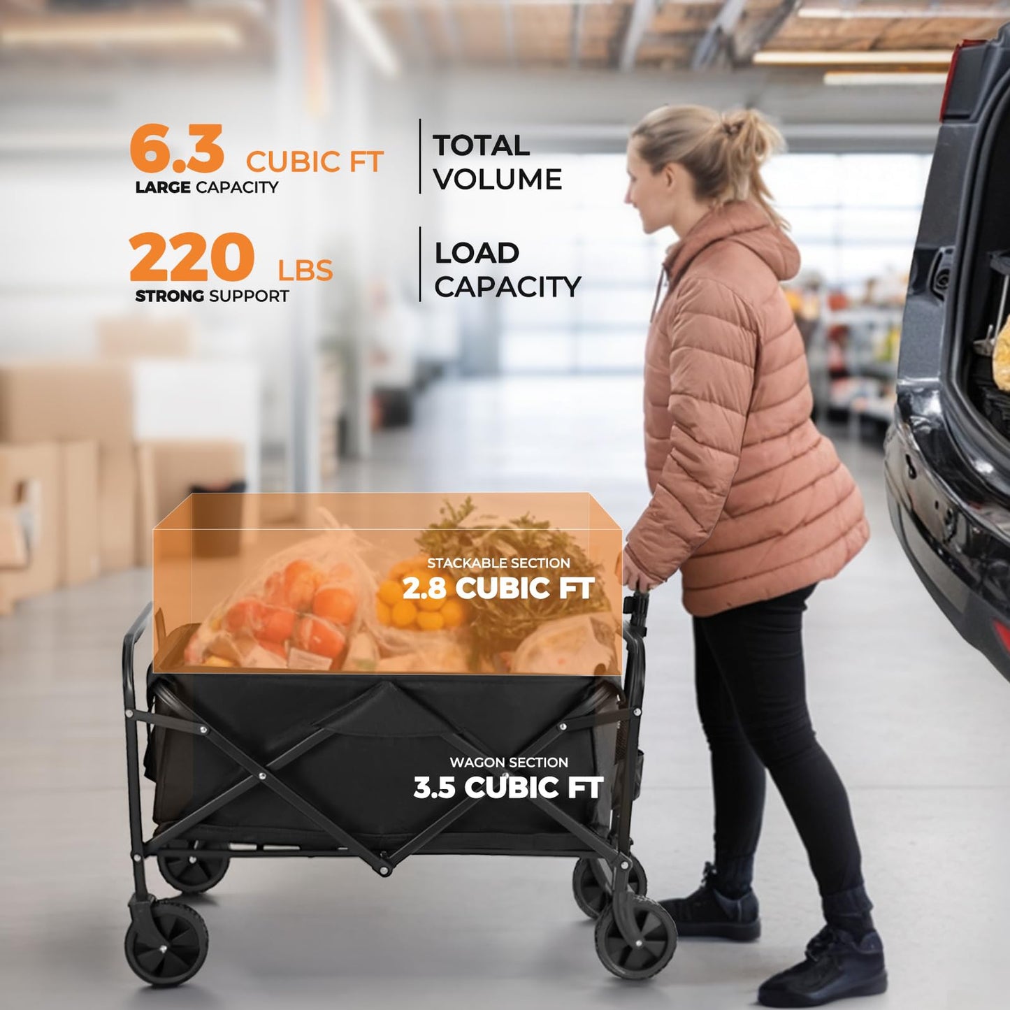 Collapsible Wagon 220 lbs, Heavy Duty Wagon Carts Foldable, Portable Wagons for Groceries, Beach Cart with All-Terrain Wheels & Drink Holders, Utility Wagon for Shopping, Sports, Camping, Black