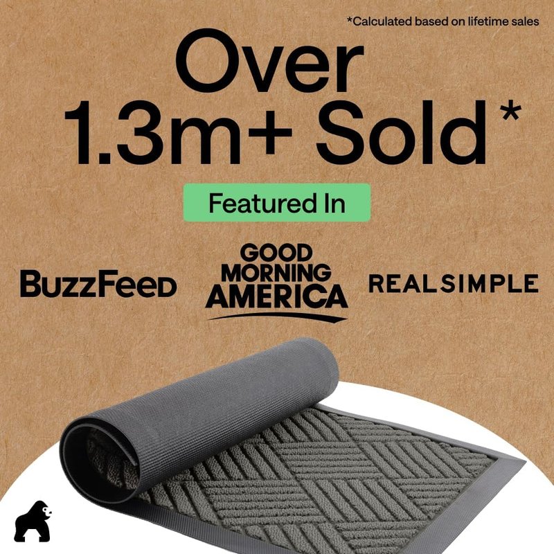 Gorilla Grip Waterproof All-Season Doormat - Natural Rubber, Stain & Fade Resistant | 29x17 Gray Diamond
