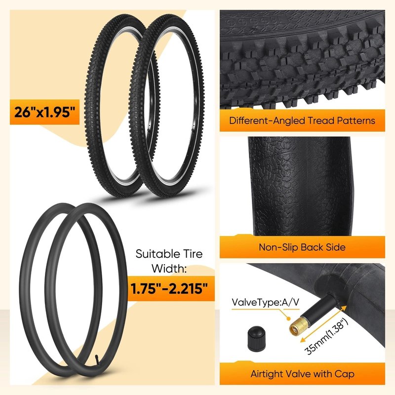 26 Inch Bike Tire, 2Pack 26 x 1.95 Bike Tires & Tubes with Repair Kit, Folding Portable 26 MTB Tires, Replaceable Bicycle Tires 26x1.95 with Inner Tubes and Levers for City Roads, Muddy Trails