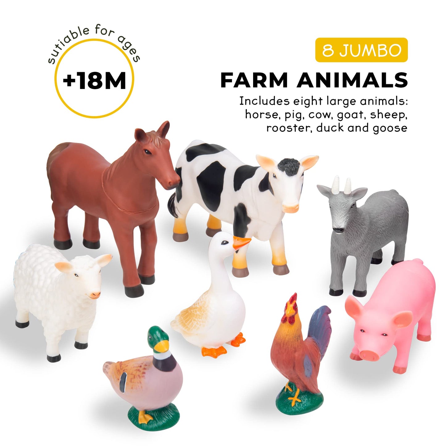 Learning Minds Set of 8 Jumbo Farm Animal Figures - Farm Animals For 1, 2, 3 Year Olds - Toy Animals For Kids Age 18 Months Plus - Toys For 1 Year Old Boys