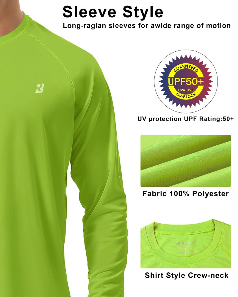 Roadbox Mens UPF 50+ Long Sleeve SPF Diving Rash Guard UV Sun Protection Shirts for Outdoor Fishing Hiking Swimming Running Lime Green