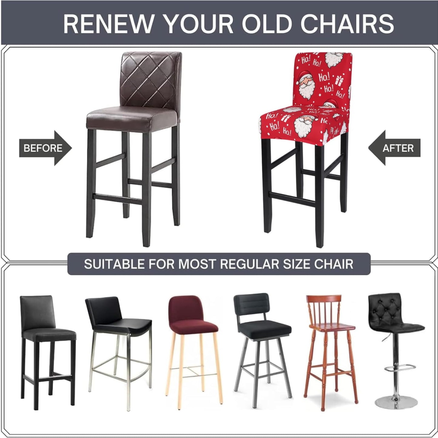 SearchI Christmas Bar Stool Covers Set of 4, Stretch Washable Barstool Seat Covers, Counter Height Chair Covers for Kitchen Dining Room Cafe (Santa Claus)