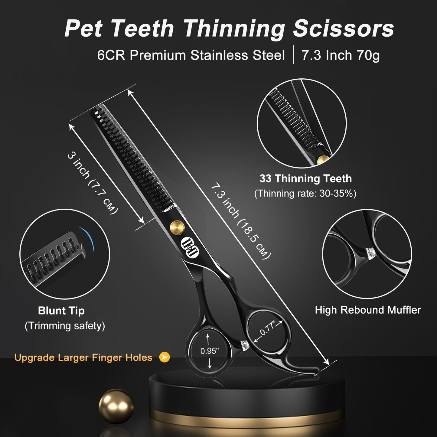 CIICII Dog Grooming Scissors Kit, 10-in-1 Professional Pet Grooming Scissors Set with Safety Round Tip (Dogs/Cat Hair Cutting Trimming Thinning Shears with Curved Scissor) for DIY Home Salon (Black)