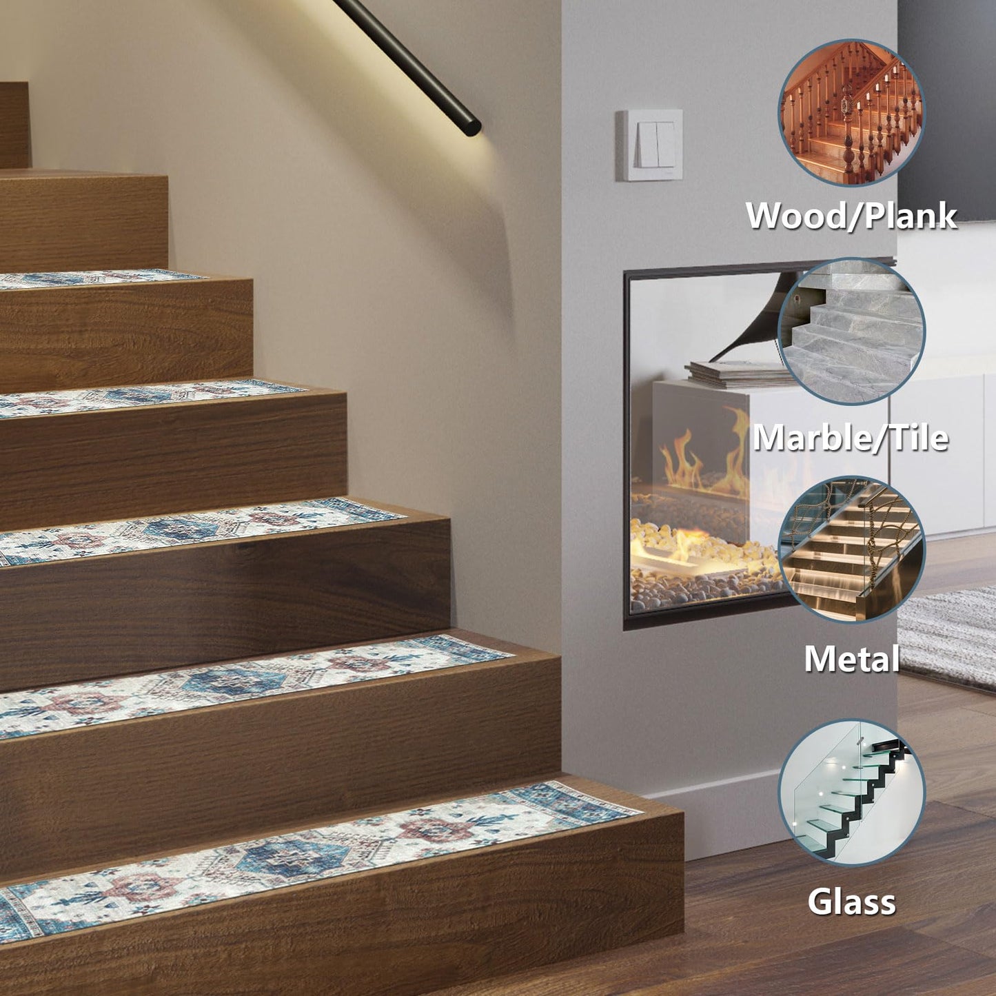Stair Runner Carpet Anti Slip Stair Treads for Wooden Steps Indoor Residue Free Peel and Stick Washable Stair Covers, Safe for Dogs Kids Elders, Boho Blue, 8x30 inch, 15 Pack