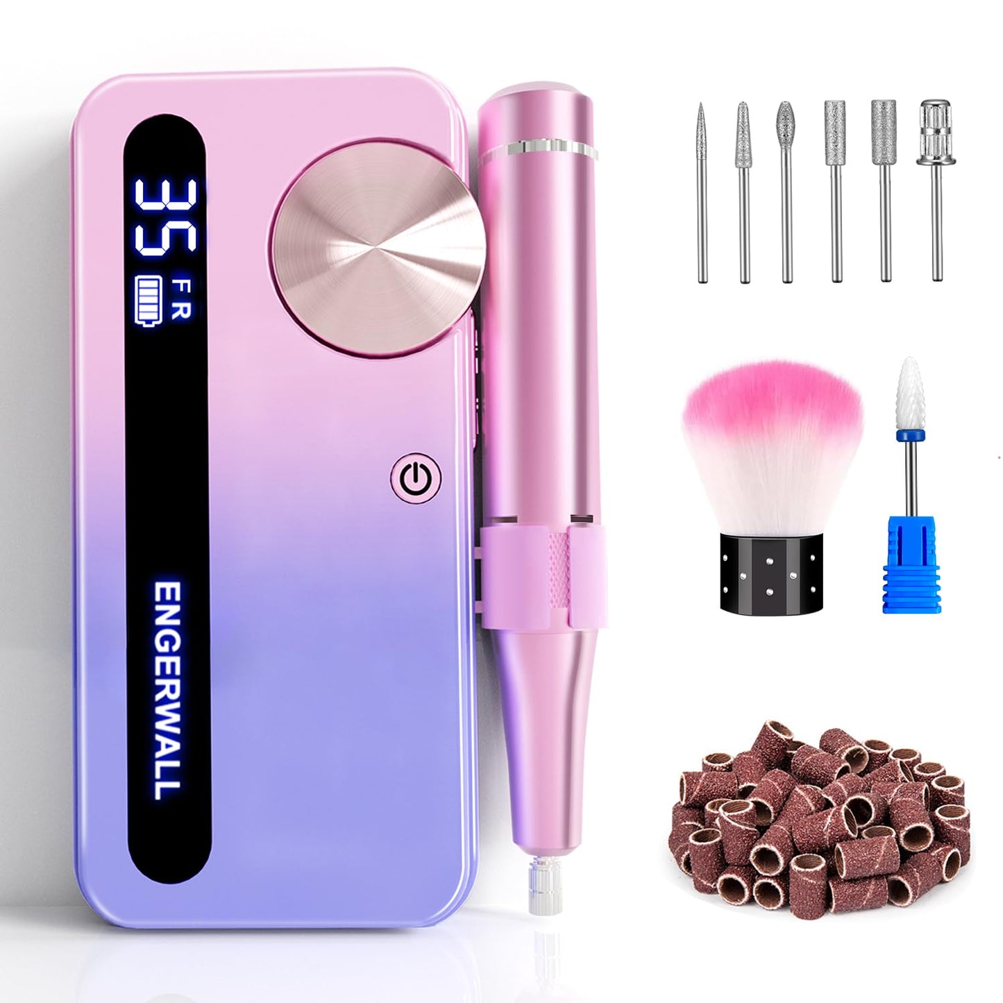ENGERWALL Rechargeable Nail Drill 35,000 RPM, Portable Cordless Electric Nail File for Acrylic, Gel Nails, Polishing & Removal, with Nail Drill Bits Kit for Manicure & Pedicure, Pink-Blue