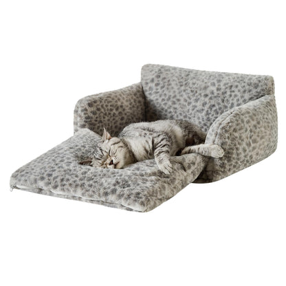 Hollypet Cat Bed Fluffy Plush Mutifuctional Double-Layer Soft Pet Couch Orthopedic Sofa Nest Beds for Small Cats and Dogs, Snow Leopard (21x15x8 inch)